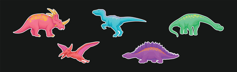 Colorful Dinosaurs Sticker Collection Isolated on Black Background Vector Set © Happypictures