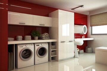 home laundry room furniture with modern washing machine. Generative AI