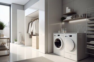 home laundry room furniture with modern washing machine. Generative AI