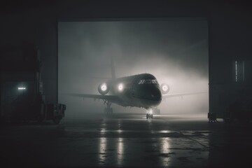 Airplane in a dark misty fog lights. Generative AI