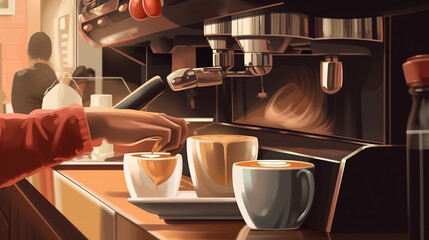 Barista makes coffee in a coffeeshop. Generative Ai