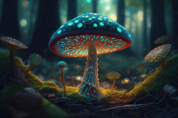 Mushroom. Fantasy Glowing Mushrooms in mystery dark forest close-up. Beautiful macro shot of magic mushroom, fungus. Border art design. Magic light. (ai generated)