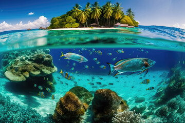 Fototapeta na wymiar Tropical Island And Coral Reef - Split View With Waterline (ai generated)