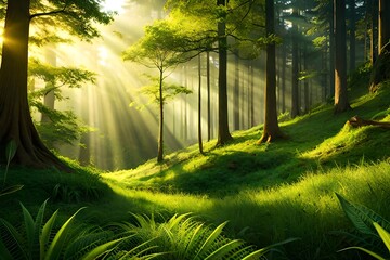 Fototapeta na wymiar Grüner Wald mit kräftigen Farben in Grün