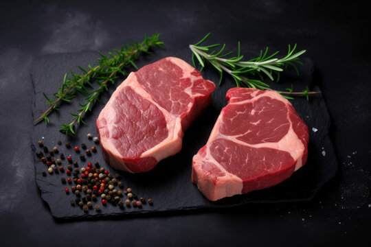 Two raw steaks on a dark shale background, AI Generative
