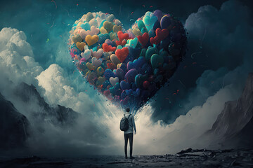 digital illustration painting of a man holding balloons standing in front of fantasy storm, sea. (ai generated)