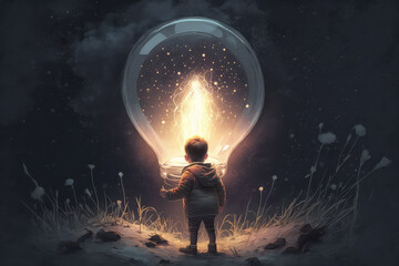 illustration painting of a boy looking the big bulb half buried in the ground against night sky with stars and space dust, digital art style. (ai generated).