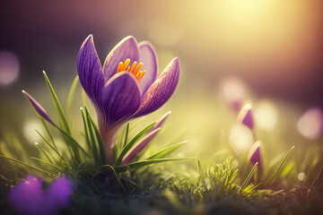 Spring crocus blossoms. Beautiful purple blooming flowers in the sunlight. Spring wildflowers (ai generated)