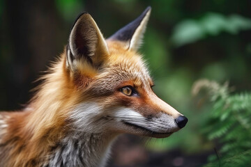 Fototapeta premium Close-up of red fox, blurry forest background, Generative AI