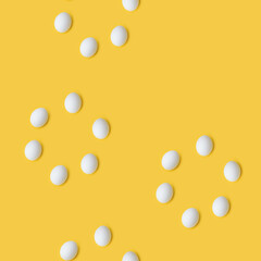 Seamless pattern of white chicken eggs on yellow background. Minimal food concept. Happy Easter. Copy Space.