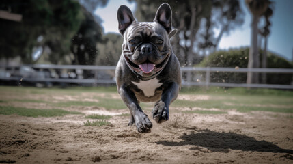 French Bulldog Frenchie at the park running towards the camera AI