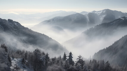 Beautiful sunrise at winter misty fog mountains landscape. Generative AI