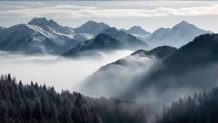 Beautiful sunrise at winter misty fog mountains landscape. Generative AI