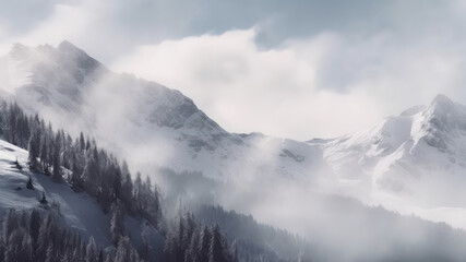 Beautiful sunrise at winter misty fog mountains landscape. Generative AI