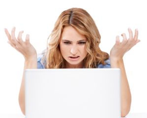 Business, glitch and woman with laptop, stress and worker isolated on a transparent studio background. Female employee, consultant or lady frustrated, slow internet or confused person on png backdrop