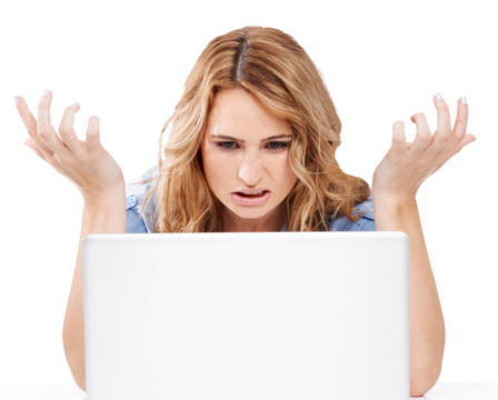 Business, glitch and woman with laptop, stress and worker isolated on a transparent studio background. Female employee, consultant or lady frustrated, slow internet or confused person on png backdrop