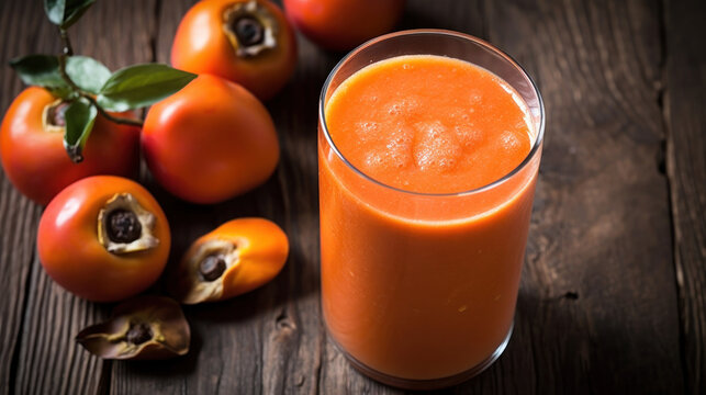 Fresh Persimmon Smoothie on a Rustic Wooden Table
