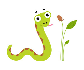 Happy Green Snake or Serpent Crawling Near Plant Stalk Vector Illustration