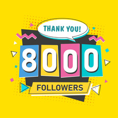 8000 followers blogger and subscriber banner in 2000s retro style with numbers on yellow background