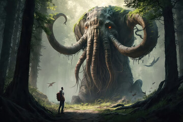 illustration painting of a man looking mammoth monster in the forest, digital art style. (ai generated) - obrazy, fototapety, plakaty