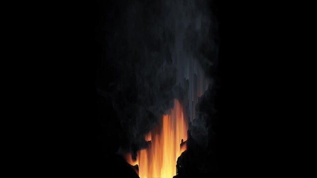 Fire pixelsort. Distortion of a flame image with smoke on a black background.