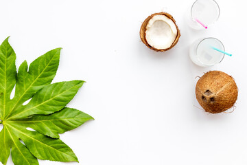 Coconut milk cocktail with ice in two glasses with green palm leaves