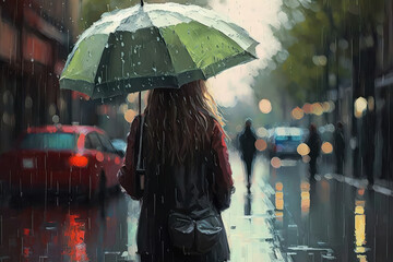 illustration painting top view of woman red shirt with green umbrella crossing the street,rainy night. (ai generated)