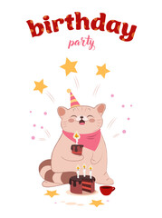 Invitation to a children's birthday party with a cat and a cake