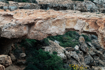 Nature view of rocks, stones and green mountain bushes close up