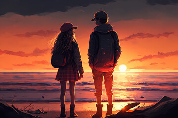 illustration painting of lover on the beach looking at the sunset, digital art style. (ai generated)
