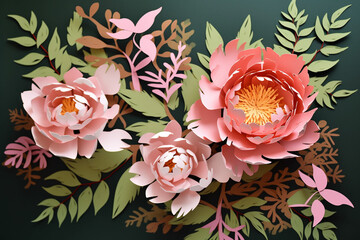 Floral card. Pink lush peonies in paper cut art style. Template for the design of holiday greetings, wedding invitations, packaging. Generative AI content.