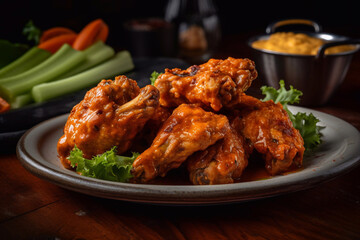 Fototapeta premium Buffalo chicken wings on a plate in a restaurant, serving close-up. Generative AI.