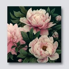 Floral card. Pink lush peonies. Template for the design of holiday greetings, wedding invitations, packaging. Generative AI content.