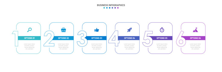 Timeline infographic with infochart. Modern presentation template with 6 spets for business process. Website template on white background for concept modern design. Horizontal layout.