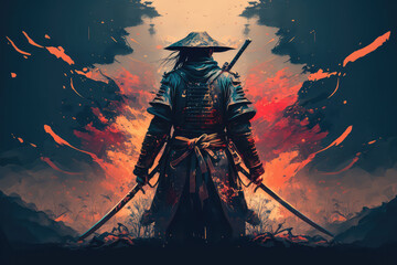 illustration painting A samurai with a katana stands ready to fight against a huge army. 3D illustration. 3D illustration, digital art style. (ai generated)