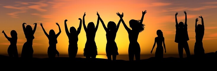 Fototapeta premium Sunset Uplift: Silhouettes of People Raising Hands Together (AI Generated)