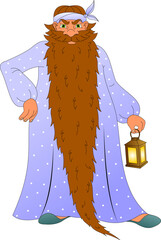 Karabas Barabas a fairy tale character with a long beard in a nightgown with a band on his head