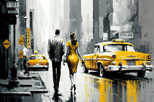 oil painting on canvas, street view of New York, man and woman, yellow taxi, modern Artwork, American city, illustration New York (ai generated) © ImagineDesign