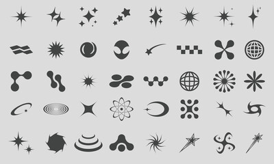 Retro futuristic y2k shapes elements for design. Abstract graphic geometric symbols and objects in y2k style. Hipster graphic objects for logo, notes, posters, banners, sticker, web, business cards