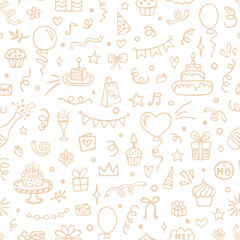 Happy Birthday seamless pattern with hand drawn doodles. Cute design for textile, wallpaper, wrapping paper.
