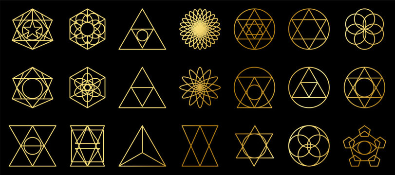 Set of sacred geometry icons in golden gradient. Geometry outline shapes isolated on black background