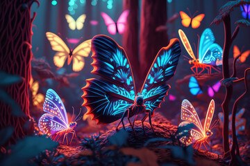 illustration painting with magical glowing night butterflies in the forest. Inspiration card. (ai generated)