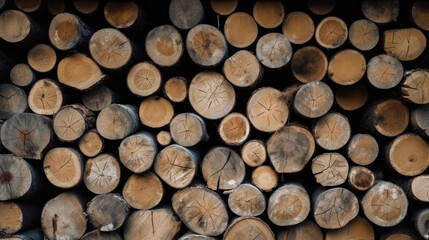 Sawn-off logs are stacked on top of each other. wood industry Generative AI