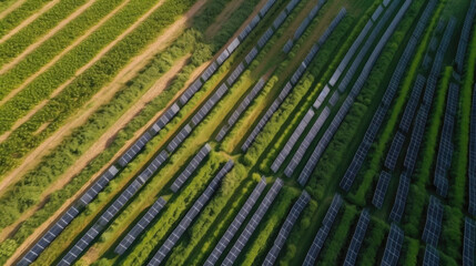 shot from above of a solar energy farm. Generative AI