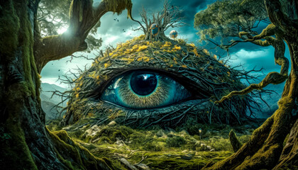 Naklejka premium Das Auge der Natur Abstrakt Surreal Background Natur Illustration Mystisch Gruselig Märchen Generative AI Digital Art Digitale Kunst Hintergrund Wandbild