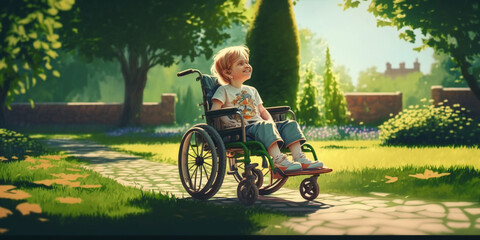 Generative AI, child in a wheelchair in a summer park, green grass, sunny day, joy, inclusiveness, disability, accessible environment, charity, people with disabilities