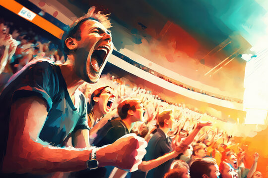illustration painting of Group of fans cheer for their team victory on a stadium. They wear casual fan clothes. (ai generated)