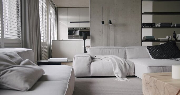 Modern living room. luxury minimalist design, real apartment with white and gray tones, elegance chair and luxury furniture, white carpet and black audio technica, with concrete, modern kitchen room.