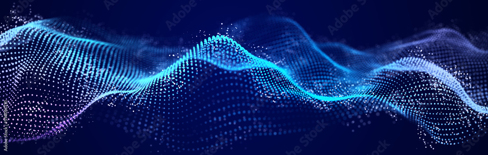 Poster abstract wave of many glowing particles. network of neon dots. big data. digital background. 3d rend