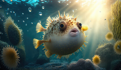Fototapeta na wymiar Animals cartoon of the underwater sea world. Ecosystem. Colorful tropical puffer fish. Life in the coral reef. (ai generated)
